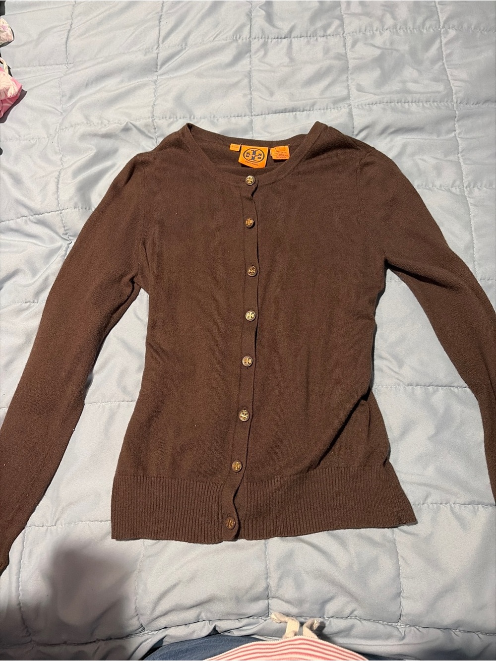 Tory Burch Brown Button-Front Crewneck Cardigan